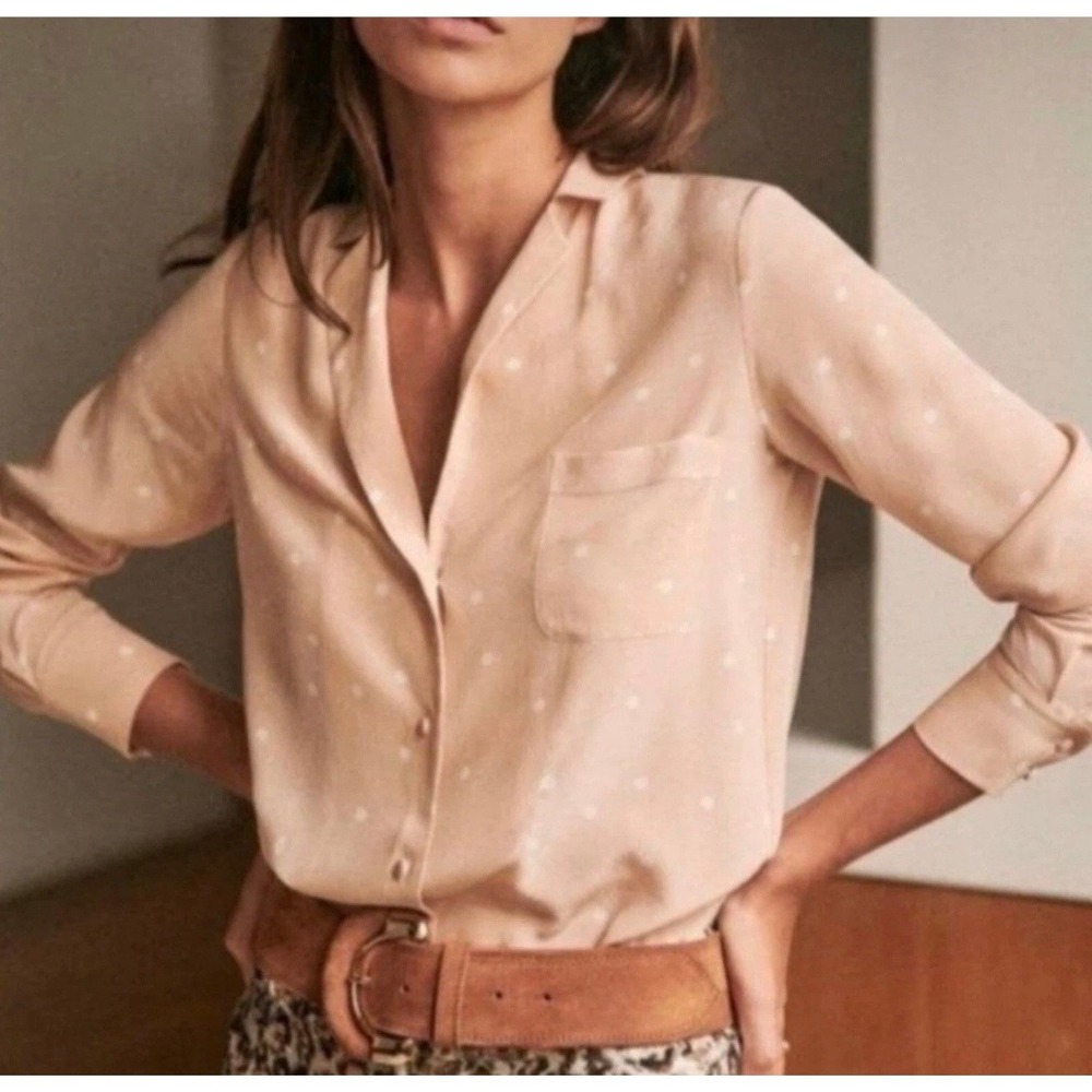 Sezane silk Florence Shirt Pea Powder pink button down polka dots
